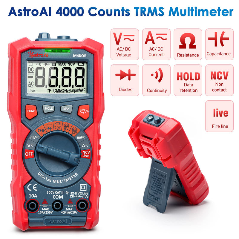 [Australia - AusPower] - AstroAI Digital Multimeter, TRMS 4000 Counts Auto-Ranging Ohmmeter Voltmeter 1.5v/9v/12v Battery Voltage Tester Measure Voltage Current Resistance Diodes Continuity Capacitance with NCV Function 