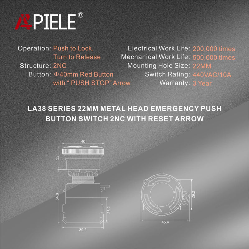 [Australia - AusPower] - APIELE 22mm 1NO 1NC Red Metal Head Mushroom Emergency Stop Push Button Switch 600V 10 Amp (Type A) TYPE A ( Metal Head) 