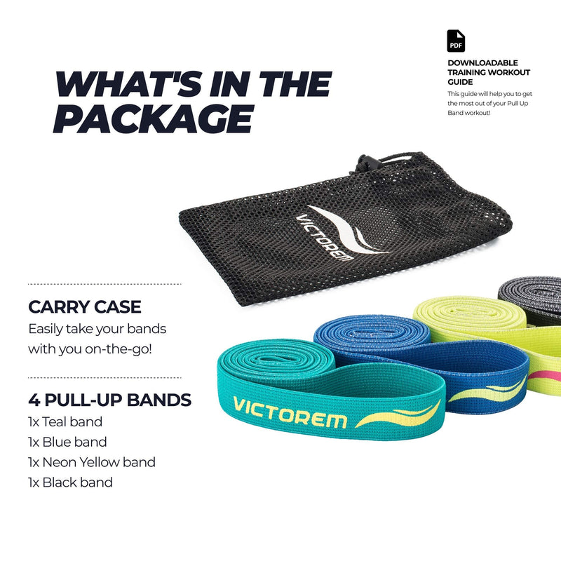 [Australia - AusPower] - Victorem Pull Up Assistance Bands Set - Set of 4 Long Fabric Resistance Bands for Home - Sturdy Stretch Bands for Home Exercise, Stretching - Fitness Bands with Bag and Workout Guide 