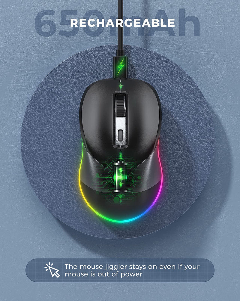 [Australia - AusPower] - Wireless Mouse, Jiggler Mouse for Laptop - LED Mouse Rechargeable Computer Mice Mouse Mover Undetectable Random Movement with On/Off Button Keeps Computer Awake - Black&Grey Black & Grey Mouse 