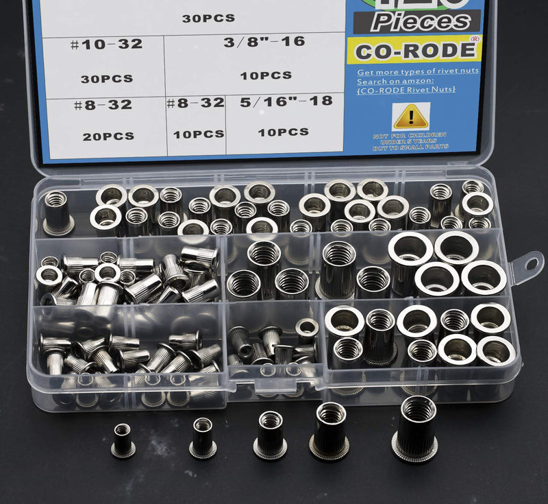 [Australia - AusPower] - CO-RODE 120pcs 8-32 10-32 1/4"-20 5/16"-18 3/8"-16 304 Stainless Steel Rivet Nuts Nutserts Assortment Kit SAE Inches 8-32/10-32/1/4"-20 / 5/16"-18 / 3/8"-16 120 