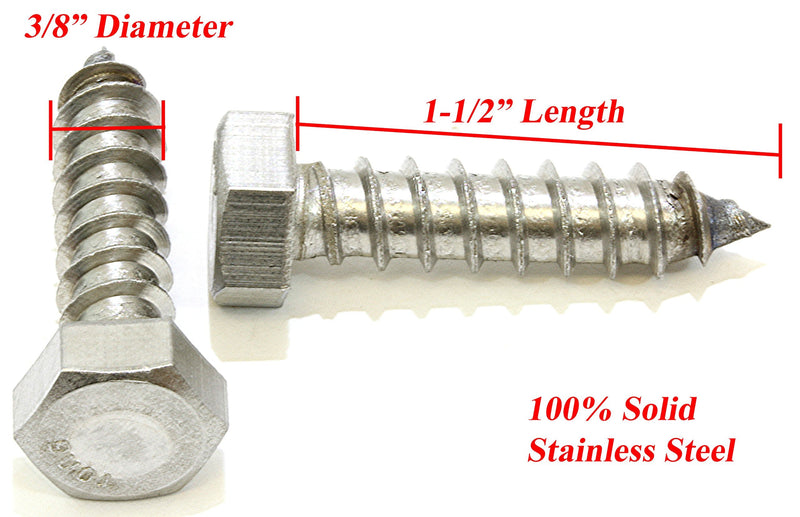 [Australia - AusPower] - 3/8" x 1-1/2" Stainless Hex Head Lag Bolt Screws, (25 Pack), 304 (18-8) Stainless Steel Coach Bolts/Large Screws for Wood with Plain Finish by Bolt Dropper 3/8" x 1-1/2" 