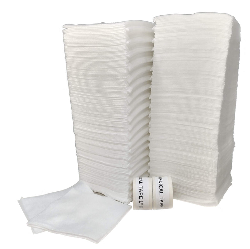 [Australia - AusPower] - 400 Non-Sterile Gauze Sponge Pads 4x4 [2 Packs of 200] Non-Woven Surgical 4 Ply Absorbent Pad Medical Dressing Sponges for First Aid Wound Care, Prepping, Scrubbing & Cleaning + 2 Medical Tape Rolls 4''x4'' 