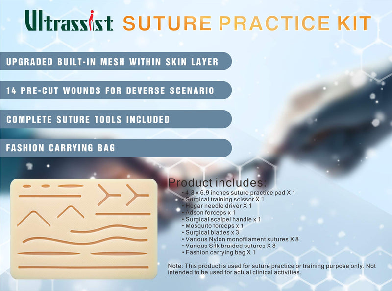[Australia - AusPower] - Ultrassist Complete Suture Kit for Medical Students, Training Practice Kit with Large Silicone Pad and Pre-Cut Wounds, Including Suturing Tools, Latest Generation Model (Education Use Only) 26 pieces 