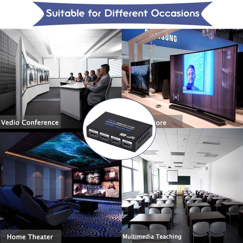 [Australia - AusPower] - 1x4 HDMI Splitter, 1 in 4 Out HDMI Splitter Audio Video Distributor Box Support 3D & 4K x 2K Compatible for HDTV, STB, DVD, PS3, Projector Etc 