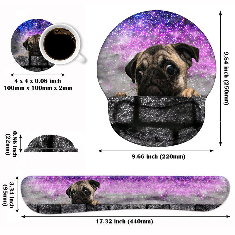 [Australia - AusPower] - Keyboard Wrist Rest and Mouse Pad Wrist Support Set with Coasters, Non-Slip PU Base Ergonomic Gaming Mousepad for Home Office Working Studying Easy Typing & Pain Relief - Cute Pug 