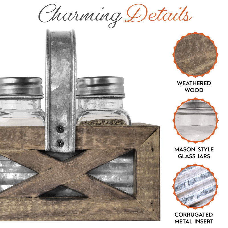 [Australia - AusPower] - Autumn Alley Barn Door Rustic Salt and Pepper Shakers Set in Wood and Galvanized Caddy | Farmhouse Salt and Pepper Shakers For Rustic Kitchen Decor | Rustic Kitchen Accessory for your Country Kitchen 
