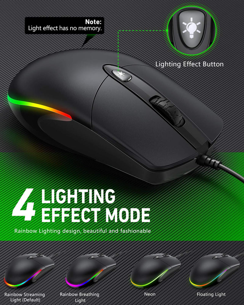 [Australia - AusPower] - Wired Mouse with Closeable RGB Backlit Rainbow Streaming Light, Rainbow Breathing Light, Neon, Floating Light, KKUOD Silent USB Computer Mouse, Ergonomic 1600 DPI Office and Home Mice Black 