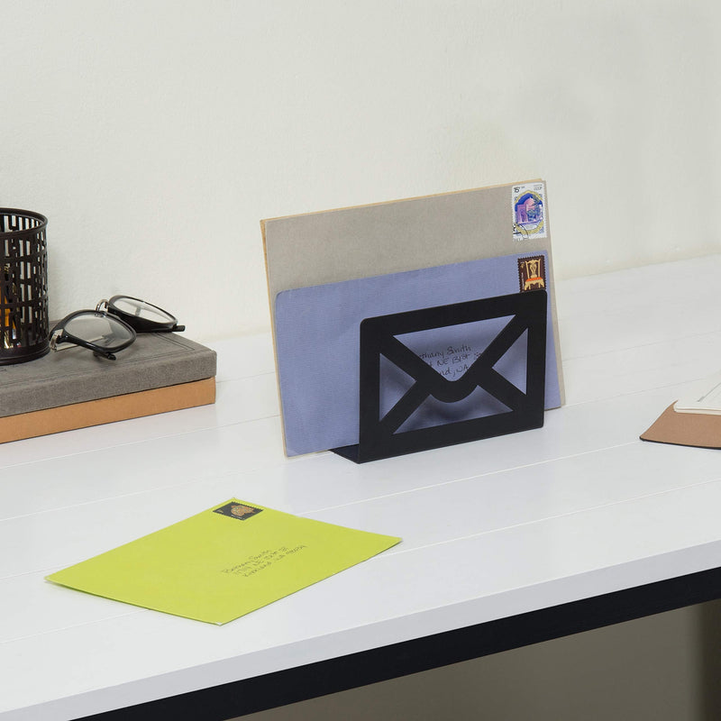 [Australia - AusPower] - MyGift Desk Mail Sorter Holder Modern Cutout Envelope Design Black Metal Home and Office Desktop Letter Organizer 