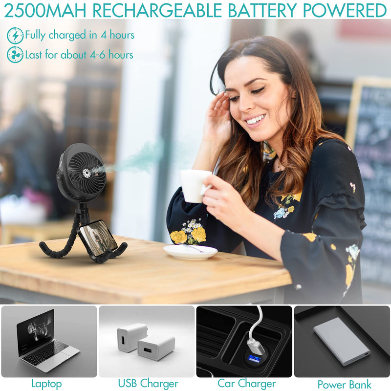 [Australia - AusPower] - Misting Stroller Fan, 2500mAh Battery Powered Personal Desk Air Circulator Fan with Flexible Tripod, Ultra Quiet 3 Speed 270° & 360° Rotatable USB Fan for Stroller Office Camping Hurricane Outage,Black Black 