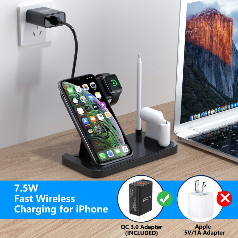 [Australia - AusPower] - EVIGAL 4 in 1 Wireless Charger, Qi-Certified Fast Charging Station Compatible Apple Watch & AirPods & Apple Pencil, iPhone 13/12/11/11Pro/11Pro Max/X/XS/XS Max/XR/8/8Plus, Samsung (with QC3.0 Adapter) Black 