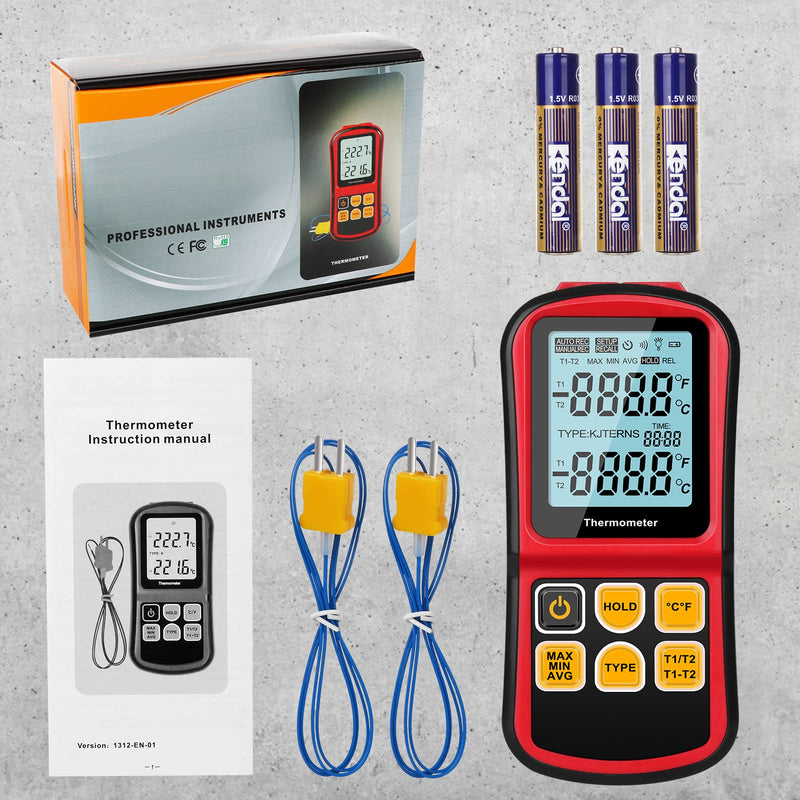 [Australia - AusPower] - Digital Thermometer Dual Channel Thermometer Temperature Thermometer with Two K-Type Thermocouple Probe Backlight LCD K Type Thermometer for K/ J/ T/ E/ R/ S/ N Thermocouple 