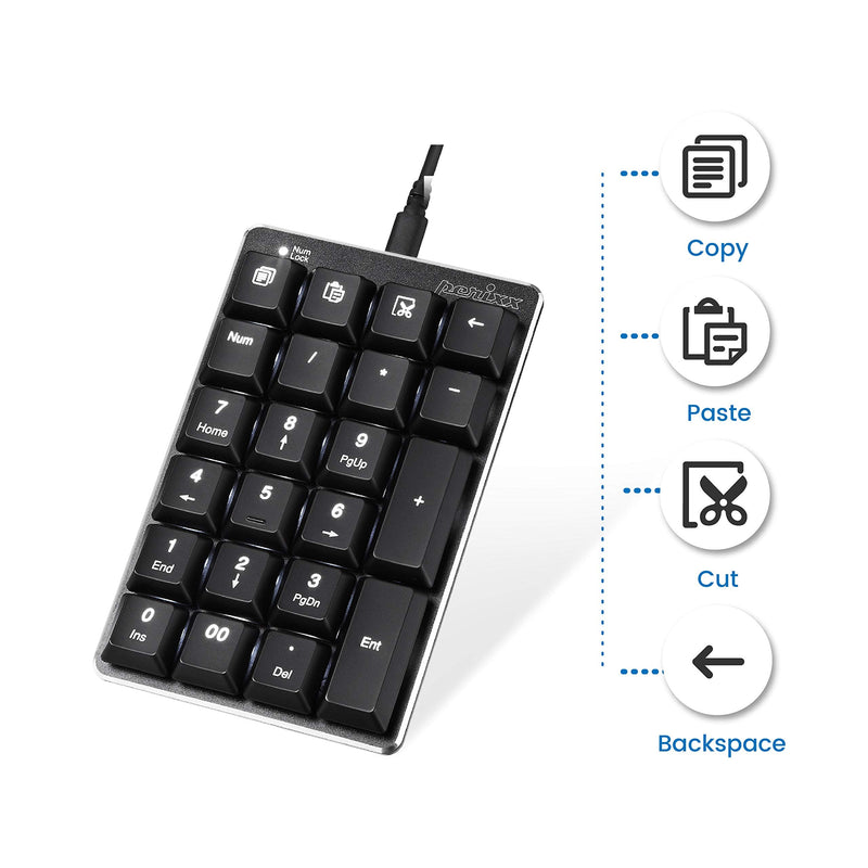 [Australia - AusPower] - Perixx PERIPAD-303B, Backlit Mechanical Numeric Keypad - USB - Office Shortcut Keys - Full Size 22 Keys - Kailh Brown Switch Keys 