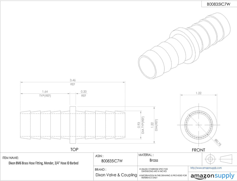[Australia - AusPower] - Dixon Valve & Coupling BM6 Brass Hose Fitting, Mender, 3/4" Hose ID Barbed 