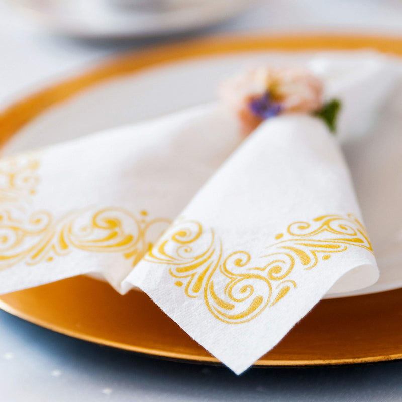 [Australia - AusPower] - Disposable Hand Towels for Bathroom – Elegant Guest Towels and Dinner Napkins Made of 17” x 12” Linen-Like Paper with Gold-Tone Filigree Borders (100 Pack) 