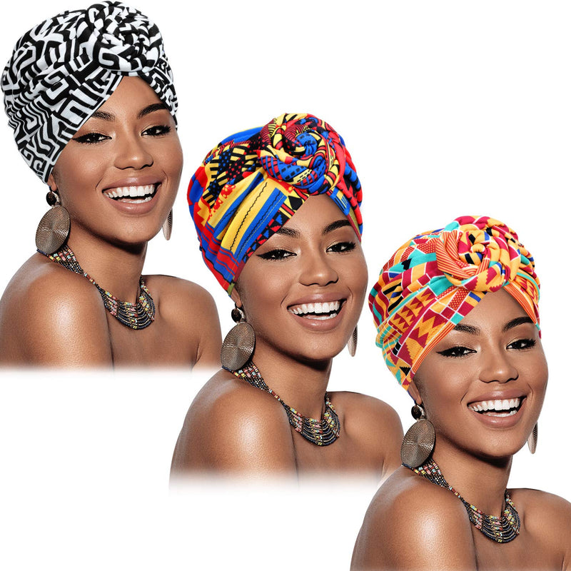 [Australia - AusPower] - SATINIOR 3 Pieces African Turban for Women Knot Pre-Tied Bonnet Beanie Cap Headwrap Black Orange Pink Geometry 