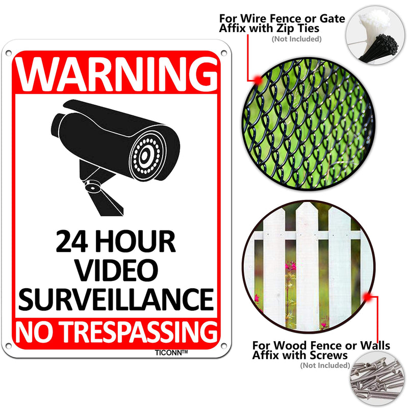 [Australia - AusPower] - TICONN 4-Pack 24 Hour Video Surveillance Sign, No Trespassing Aluminum Warning Sign, 10x7 for CCTV Security Camera - Reflective, UV Protected 