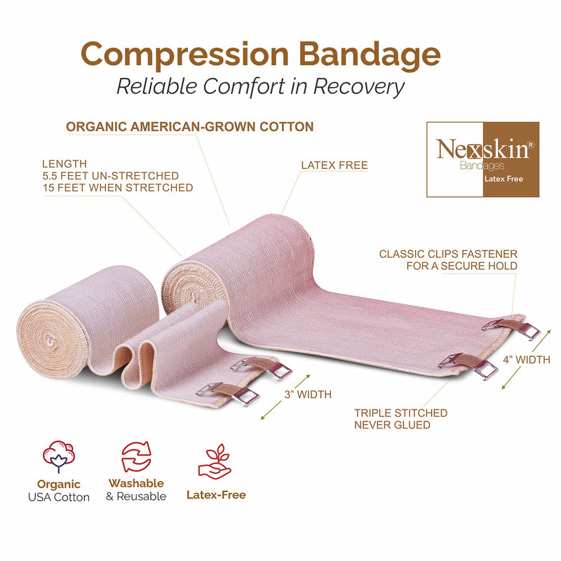 [Australia - AusPower] - NEXSKIN | Latex Free | American Organic Cotton Elastic Bandage | Set of Two 4 inch & Two 3 inch Wraps | Clip Closure | Washable Reusable 
