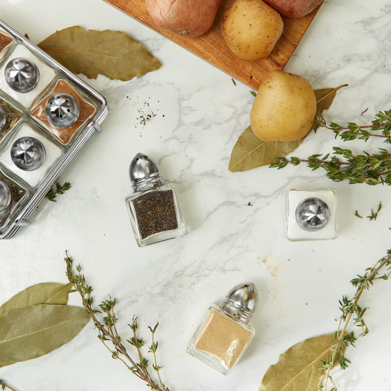 [Australia - AusPower] - RSVP International Mini Glass Salt & Pepper Set Holder Included, 12 Shakers, Chrome and Stainless Steel 