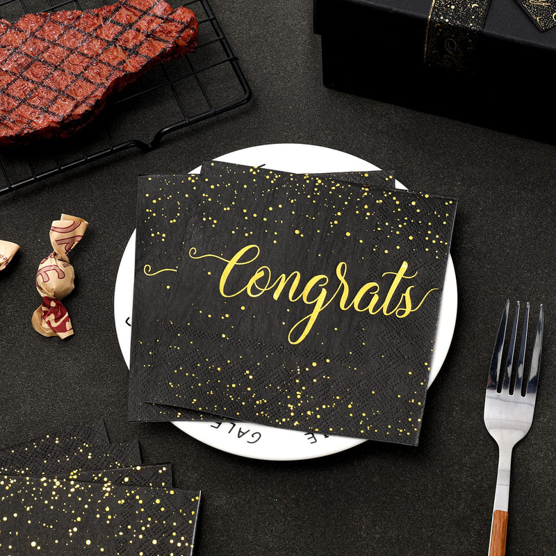 [Australia - AusPower] - Whaline 80 Pack Congratulations Paper Napkins 5 x 5 Inch Gold Foil Congrats Cocktail Napkins Black Graduation Party Disposable Beverage Napkins for Engagement Graduation Baby Shower Celebration Party 
