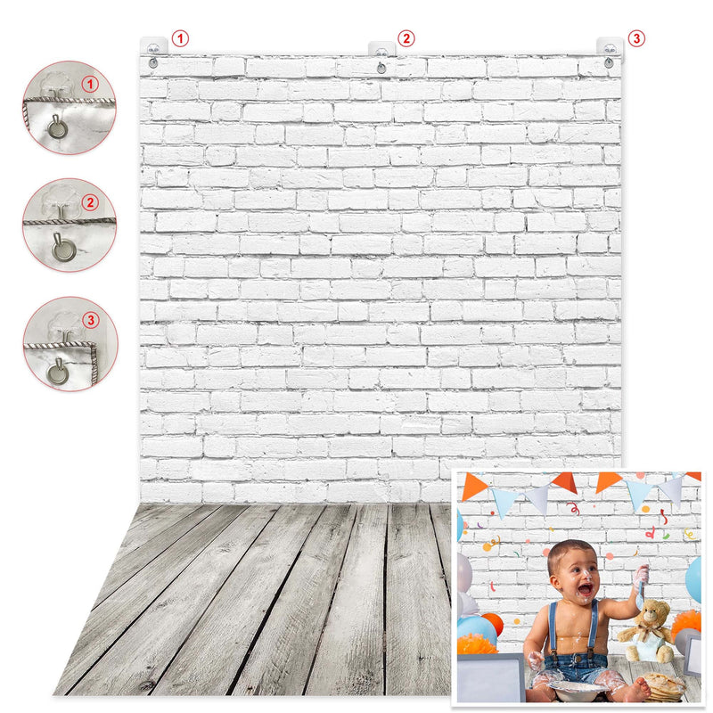 [Australia - AusPower] - GiuMsi Polyester 5x7FT White Brick Wall with Wooden Floor Photography Backdrop with 3 Hooks for Baby Shower Newborn Portrait Photo Background Shoot Props 