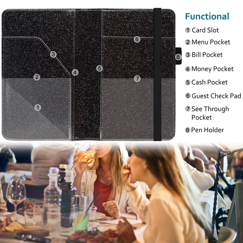 [Australia - AusPower] - Server Book - RSAquar Waitress Book/Waiter Book with 7 Large Pockets, Cute Server Wallet & Waitstaff Organizer with Elastic Band Fit Server Apron (Black Glitter) New Server Book AA - Glitter Black 