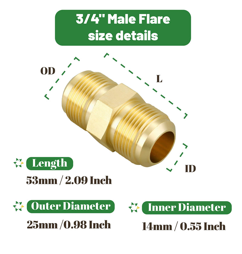 [Australia - AusPower] - Litorange 2 PCS Brass Tube Coupler Pipe Flare Fitting Union Connector Gas Adapter 3/4" Male Flare x 3/4 Inch Male Flare 