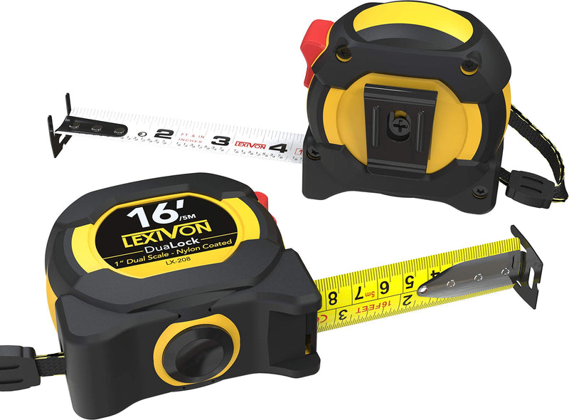 [Australia - AusPower] - LEXIVON [2-Pack] 16Ft/5m DuaLock Tape Measure | 1-Inch Wide Blade with Nylon Coating, Matt Finish White & Yellow Dual Sided Rule Print | Ft/Inch/Fractions/Metric (LX-208) 2PK-16FT DuaLock 