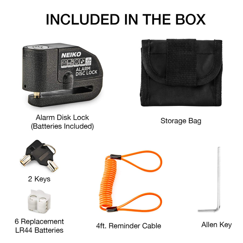 [Australia - AusPower] - NEIKO 52908A Motorcycle Wheel Disc Brake Lock with Alarm | Up to 110db Sound Alarm | Anti-Theft Motion Sensor Security | Universal Brake Rotors Padlock for Motorcycles, Bicycles, Scooters, and More 
