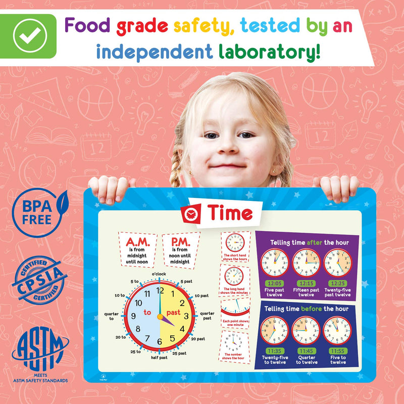 [Australia - AusPower] - Simply Magic 5 Placemats for Kids - Kids Placemats Non Slip, Washable Reusable Toddler Placemats, Educational Placemats: Money, Numbers, Weather and Seasons, Calendar, Time, Plastic Placemats for Kids 