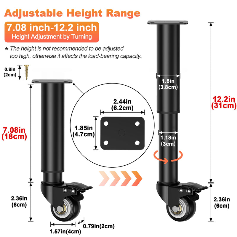 [Australia - AusPower] - Wlrrcwdttc 7-12 inch Metal Adjustable Furniture Legs with 2.36 inch Swivel Caster Wheels for Cabinet/Sofa/Bed/Dresser/Couch/Coffee Table-Heavy Duty Replacement Support Legs with Caster Wheels Set of 4 