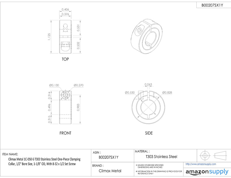 [Australia - AusPower] - Climax Metal 1C-050-S T303 Stainless Steel One-Piece Clamping Collar, 1/2" Bore Size, 1-1/8" OD, With 8-32 x 1/2 Set Screw 