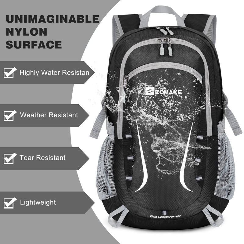 [Australia - AusPower] - Packable Hiking Backpack Water Resistant,40L Lightweight Daypack Foldable Backpack for Travel,By Zomake Black 