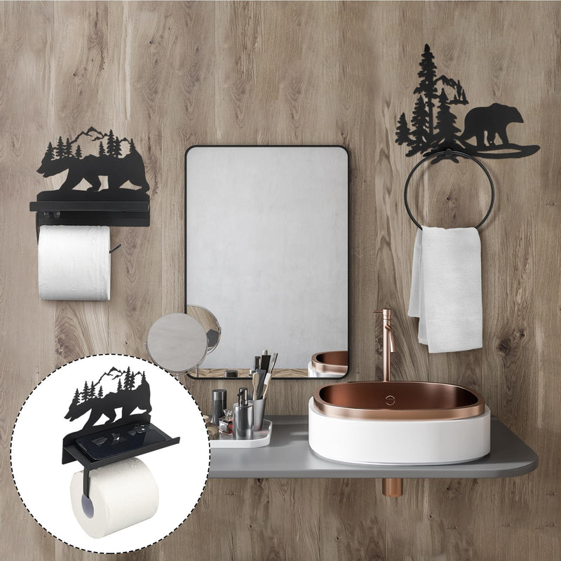 [Australia - AusPower] - Funrous 2 Pcs Bear Toilet Paper Holder Bear Towel Ring Holder for Bathroom, Black Bear Cabin Decor Bear Bathroom Towel Holders with Shelf Wall Mount Forest Farmhouse Towel Rack for Bathroom Kitchen 
