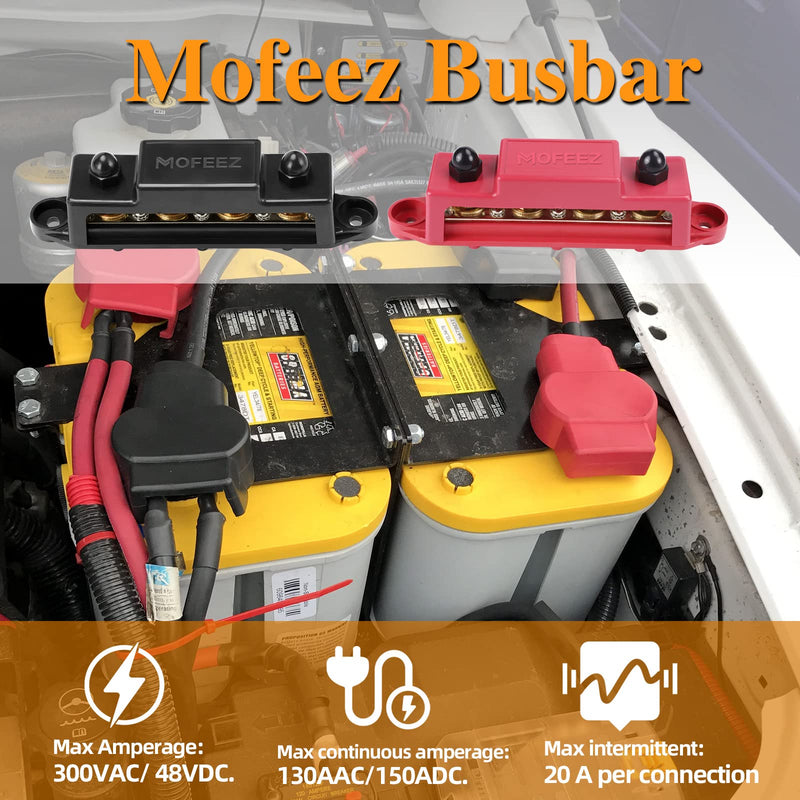 [Australia - AusPower] - Mofeez Power Distribution Block Bus Bar, 4 x 5/16" Posts, 6 x #8 Screws Terminals, Max 48V 250A (Pair, Red & Black) 