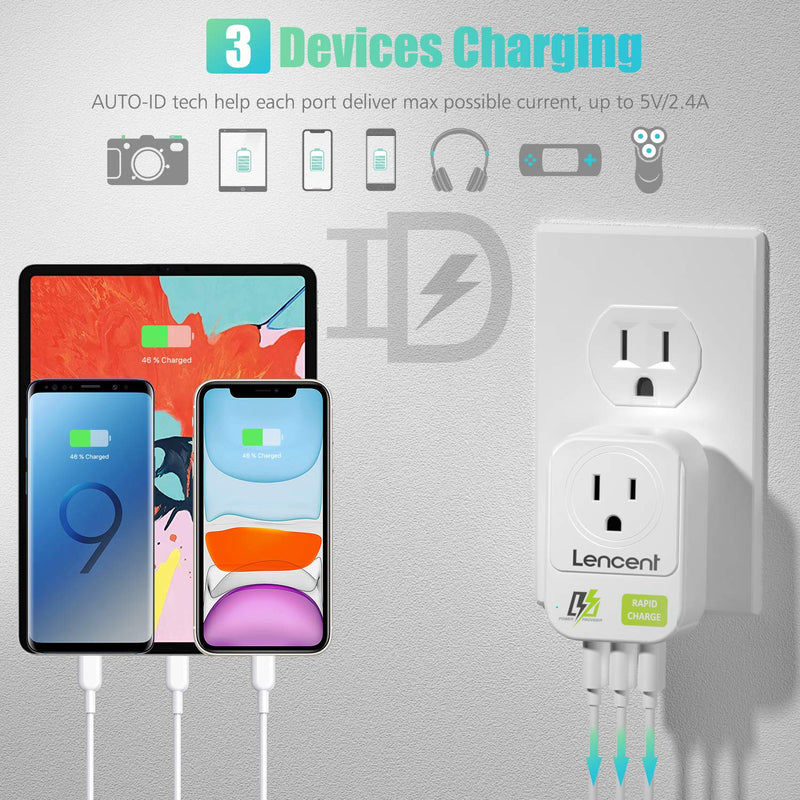 [Australia - AusPower] - USB Wall Charger, LENCENT Wall Adapter with AC Outlet and 3 USB Ports, Cube Power Strip Extender Plug Expander with Multiple USB Charger, NO Surge Protector for Travel Cruise Ship, Home, Office 