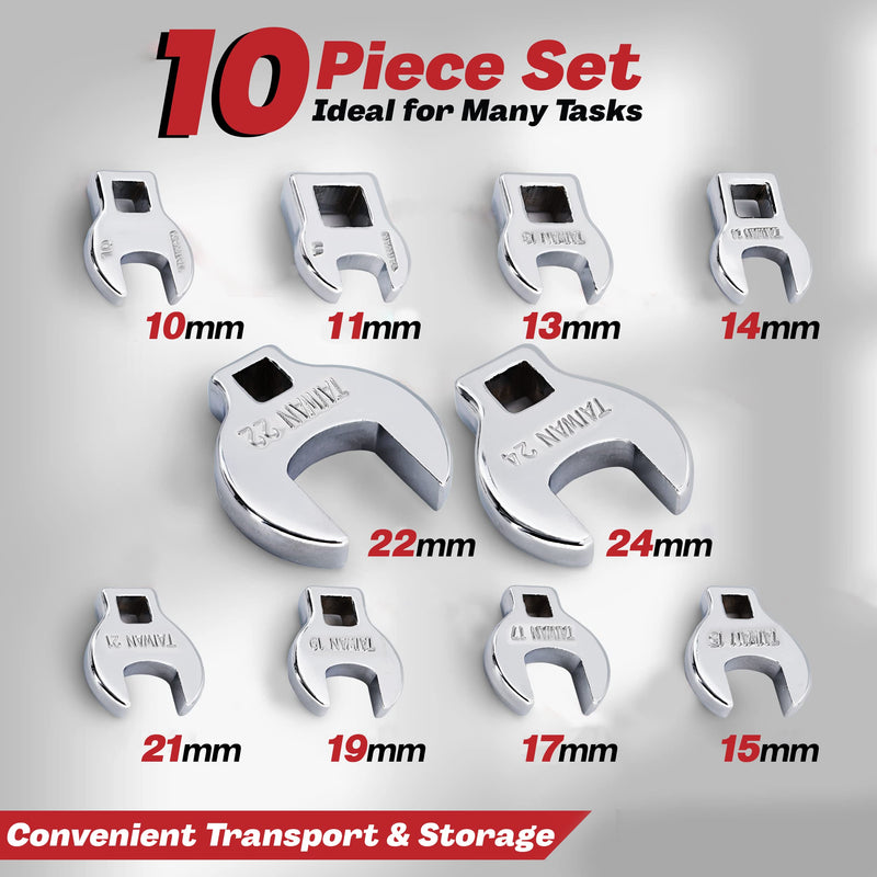 [Australia - AusPower] - RamPro 3/8” Drive Crowfoot Wrench Set, Metric | Includes Sizes: 10, 11, 13, 14, 15, 17, 19, 21, 22 & 24mm | 10-Piece Kit with Clip Organizer. Metric (mm) 