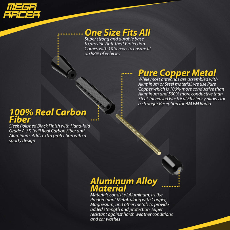 [Australia - AusPower] - Mega Racer Black Carbon Fiber Antenna for Truck, Car, SUV - 3 Inch Universal Fit, AM/FM Radio Compatible, 6061 Solid Aluminum, Anti-Theft Design, Car Wash Safe, Antenna Replacement, 1 Piece 3" Black 