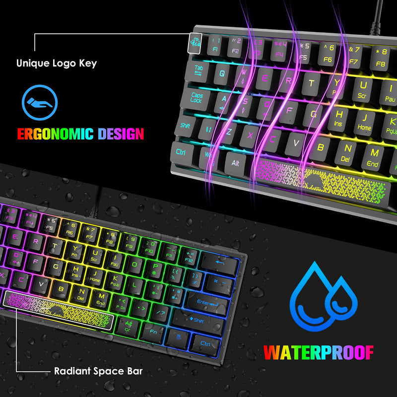 [Australia - AusPower] - ZIYOU LANG K61 60% Gaming Keyboard Mini Portable with Rainbow RGB Backlit Ergonomic 62Key Layout 19Key Anti-ghosting Mechanical Feel Waterproof USB Wired for PC Mac Windows Gamer Laptop Typists(Black) Black 