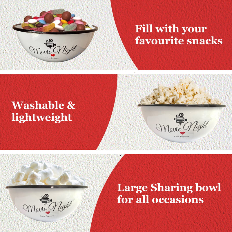 [Australia - AusPower] - Delightful Bliss Popcorn Bowl-Retro Family- Size Popcorn Bucket Tub For Party & Movie Night Snacks- Non Chip, Shatterproof, Enamel Coated Stainless Steel Serving Container - 80oz Capacity, 5x9.5" 