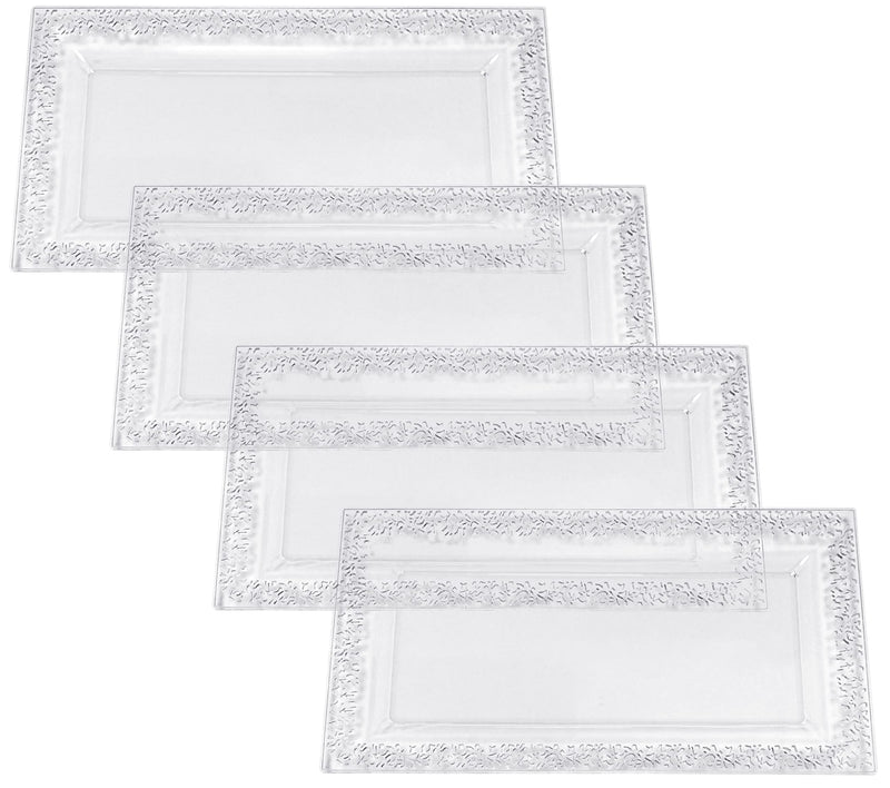 [Australia - AusPower] - 4 (pk) Yumchikel 14" x 7.5" Clear Lace Rim Plastic Serving Trays & Platters | Heavy Duty Disposable Decorative Dessert Tray - Party Platters for Upscale Parties Weddings Brand: Yumchikel 