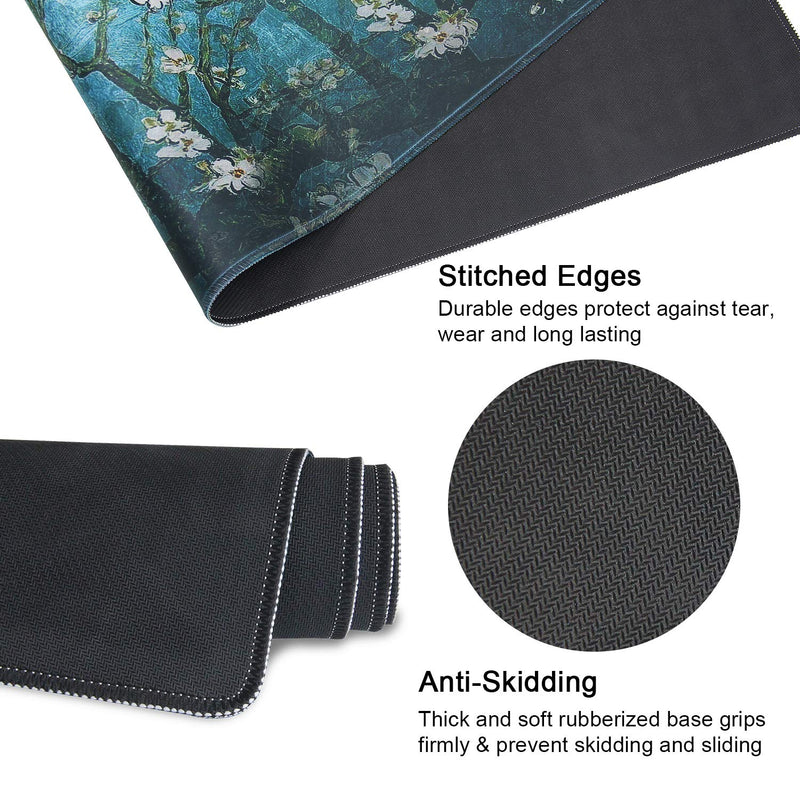 [Australia - AusPower] - Meffort Inc Extra Large Extended Gaming Desk Mat Non-Slip Rubber Pads Stitched Edges Mouse Pad 35.4 x 15.7 inch - Vincent Van Gogh Almond Blossom 