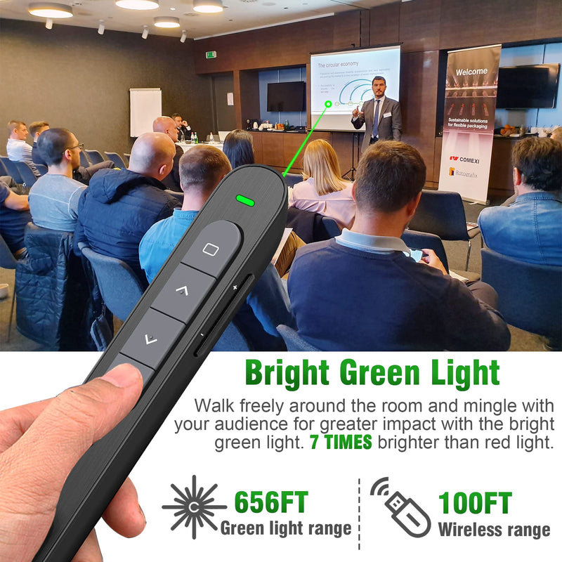 [Australia - AusPower] - Presentation Clicker for Powerpoint Presentation Pointer, Powerpoint Clicker 2.4Ghz Wireless Presenter Remote PPT Clicker with Hyperlink&Volume Control, Rechargeable Presentation Remote Pointer(Green) 