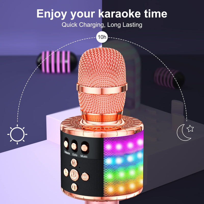 [Australia - AusPower] - BONAOK Wireless Bluetooth Karaoke Microphone with Controllable LED Lights, Portable Handheld Karaoke Speaker Machine Birthday Home Party for All Smartphone Q78 (Rose Gold) Rose Gold 