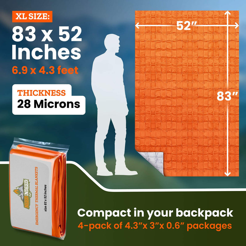 [Australia - AusPower] - Emergency Blankets (4-Pack) – Mylar Survival Space Blankets Preserve up to 90% of Body Heat - emergency thermal blanket, Multipurpose, Durable Solar Foil Blanket Bundle by NeedIndeed, 83"x52" In. 