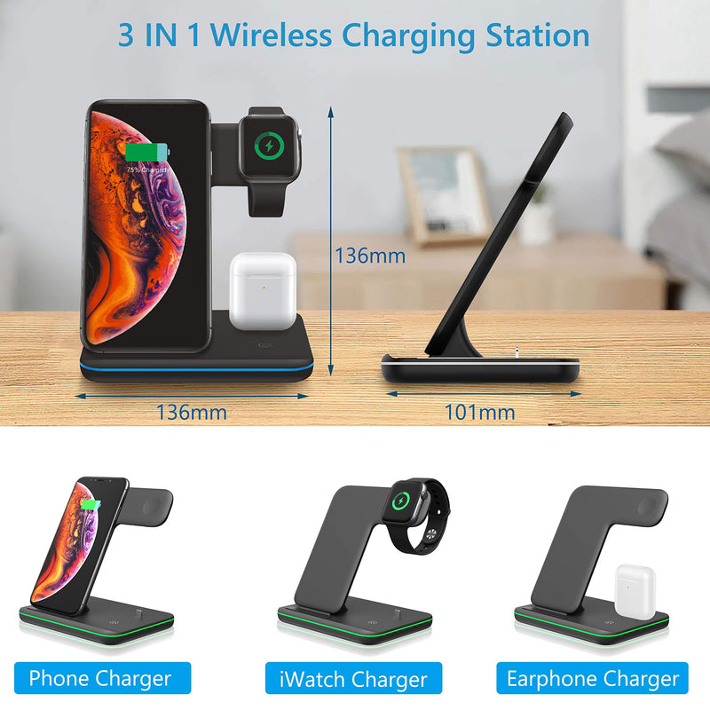 [Australia - AusPower] - Wireless Charging Station, 3 in 1 Fast Wireless Charger Stand with Adapter for AirPods/iWatch Series 5/4/3/2/1, QI Wireless Charger Compatible with iPhone 12/11/11 Pro/11 Pro Max/XS Max/XS XR 