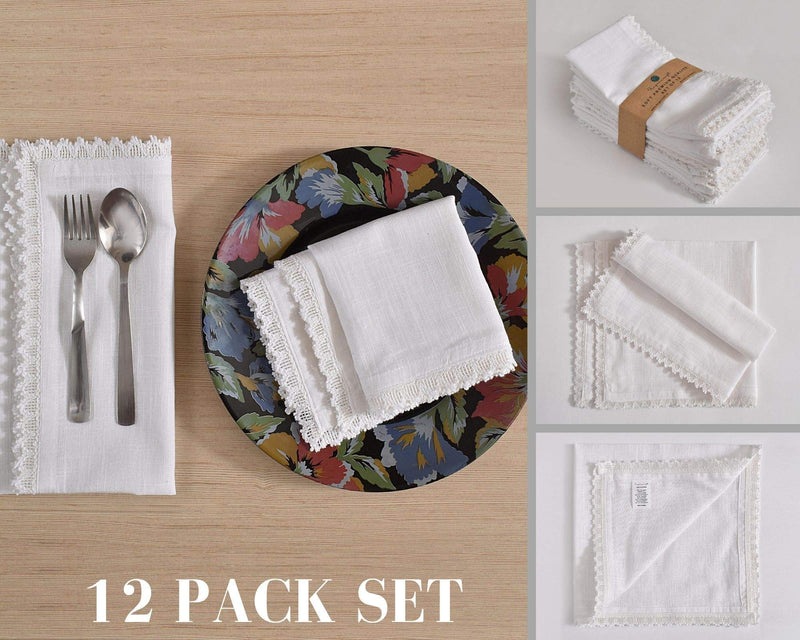 [Australia - AusPower] - FINGERCRAFT Oversized Dinner Cloth Napkins White in 100% Texture Slub Cotton Fabric 12 Pack 20X20 Inch White Premium Quality, Mitered Corners for Every Day Use Napkins are Pre Shrunk and White lace 