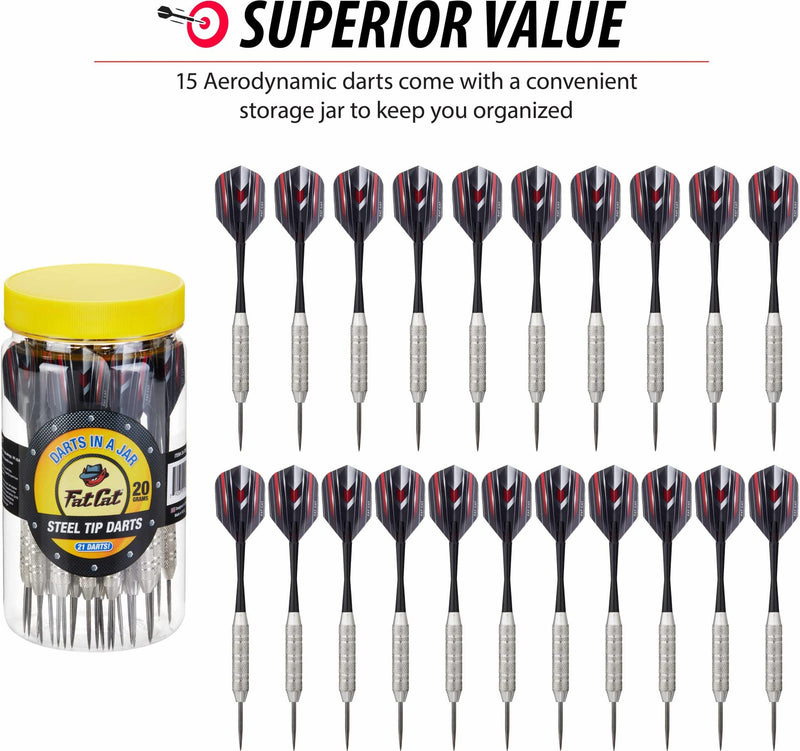 [Australia - AusPower] - Fat Cat Darts in a Jar: Steel Tip Darts with Storage/Travel Container, 20 Grams (Pack of 15, 21 and 27 Darts) Jar with 21 Darts 