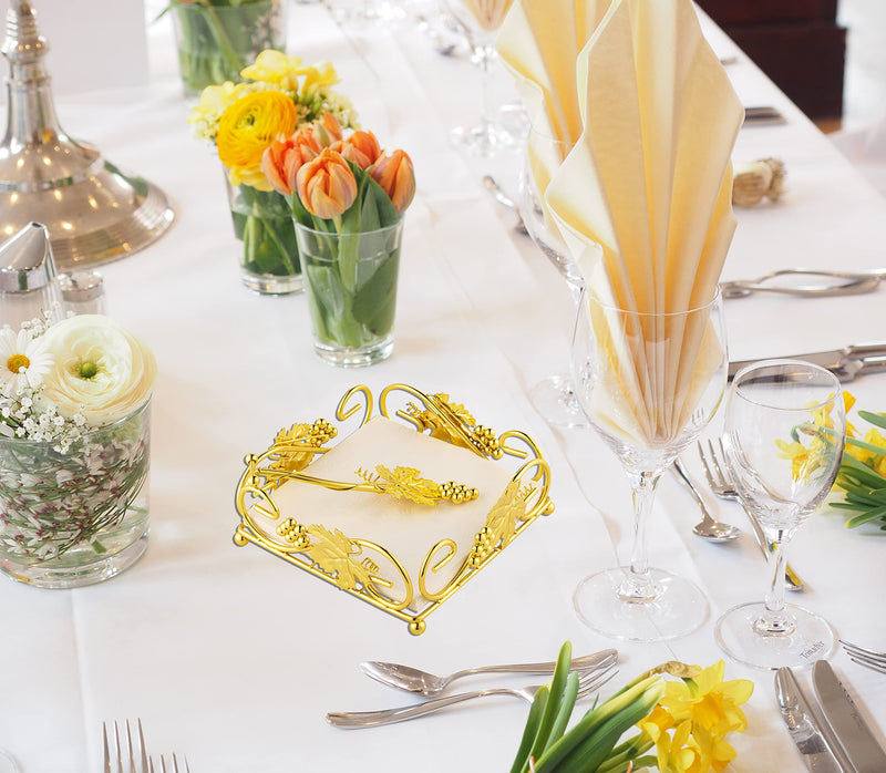 [Australia - AusPower] - Flat Napkin Holder Gold With Weight Arm for Kitchen Courtertops Dinning Table Grape Leaf Modern Tissue Dispenser Stainless Steel Gilding (7" L X 7" W X 2.5" H) 