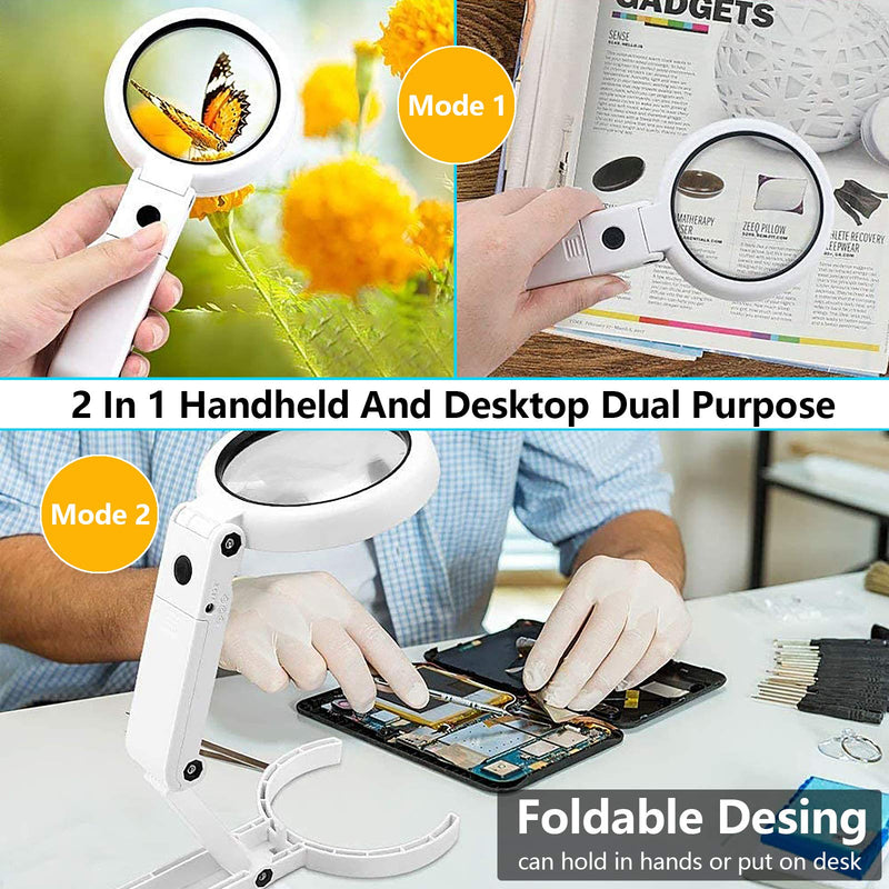 [Australia - AusPower] - 30X 10X Magnifying Glass with Light and Stand, Foldable Handheld Magnifying Glass & 2 Level Dimmable for Close Work, Macular Degeneration, Seniors Reading, Powered by Battery or USB 